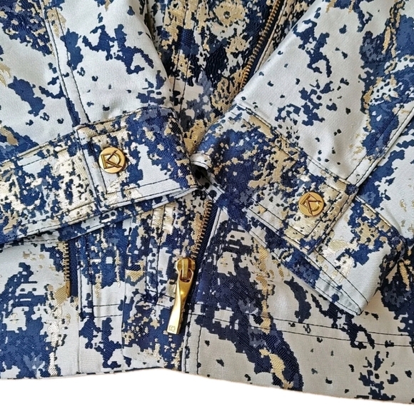 Donna Karan Metallic Jacqrard Moto Zip Jacket Coat Sz XL Blue Gold ASOTV Pamela - Picture 8 of 13